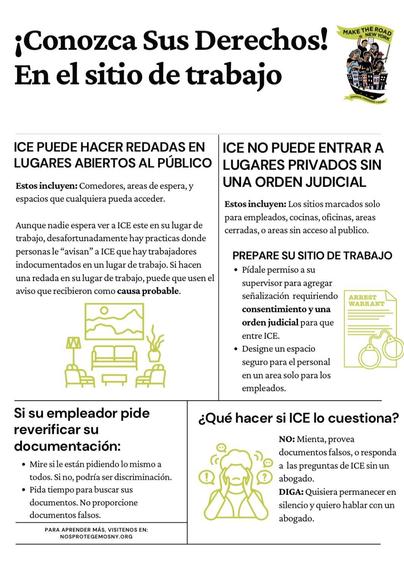 A multilingual informational graphic about workplace rights, focusing on interactions with ICE (Immigration and Customs Enforcement). It outlines where ICE can conduct raids, restrictions on entering private areas without a warrant, and advice for employees regarding document verification and how to respond if questioned. 