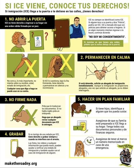 An informative graphic in Spanish titled "If ICE Comes, Know Your Rights!" It outlines steps to take if Immigration and Customs Enforcement (ICE) arrives at your door or detains you. Key points include: do not open the door, remain calm, don’t sign anything, right to record, and make a plan. 