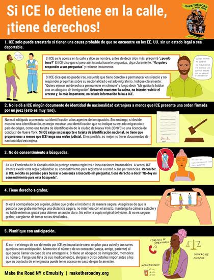 Infographic titled "Si ICE lo detiene en la calle, tiene derechos!" It provides essential information about rights when detained by ICE, including instructions on responding to ICE agents, identification requirements, consent for searches, the right to record interactions, and planning