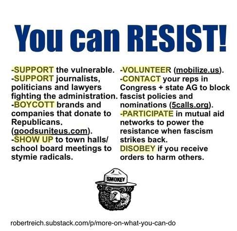 The image features a list titled "You can RESIST!" with suggestions for activism with Smokey the bear at the bottom. 

-SUPPORT the vulnerable.
-SUPPORT journalists, politicians and lawyers fighting the administration. fascist policies and
-BOYCOTT brands and companies that donate to Republicans.
(goodsuniteus.com).
-VOLUNTEER (mobilize.us).
-CONTACT your reps in
Congress + state AG to block nominations (calls.org).
-PARTICIPATE in mutual aid networks to power the resistance when fascism strikes back.
-SHOW UP to town halls/ school board meetings to stymie radicals.
-DISOBEY if you receive orders to harm others.
robertreich.substack.com/p/more-on-
what-you-can-do