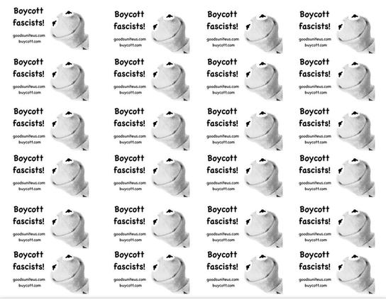 A grid of repeated images featuring Kermit alongside the text "Boycott fascists!" and URLs for goodsuniteus.com and buycott.com. The overall design is black and white.