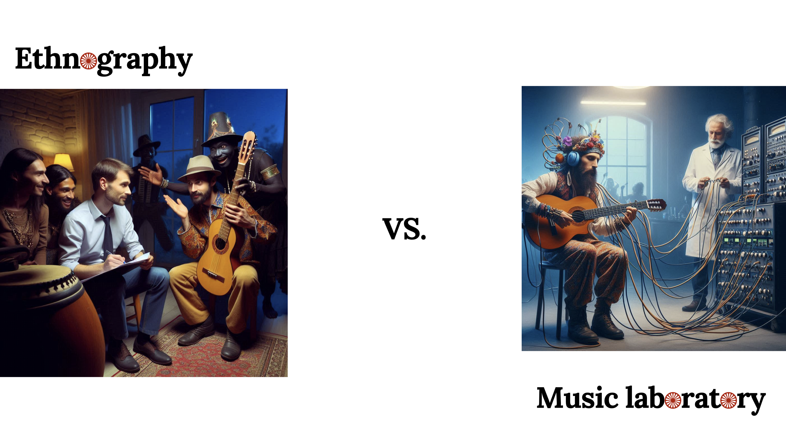 Two pictures, both AI-generated. The one on the left says “Ethnography” and pictures a scene from ethnomusicological research, showing a guitarist saying something meaningful to the anthropologist. 
The one on the right says “Music laboratory”. The e’s a musician wired to tonnes of cables and a gentleman with a white scientific lab coat.
There’s “versus” in between the pictures.