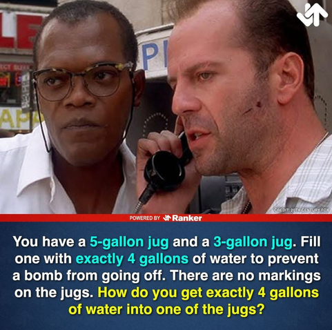The image features two men standing next to a payphone. The man on the left is wearing glasses and a white shirt, while the man on the right is holding a phone to his ear and has a slight scratch on his cheek. The background shows a street scene with a payphone booth and some signage. Below the image, there is a text overlay that reads: "You have a 5-gallon jug and a 3-gallon jug. Fill one with exactly 4 gallons of water to prevent a bomb from going off. There are no markings on the jugs. How do you get exactly 4 gallons of water into one of the jugs?"