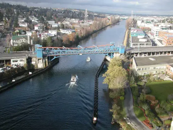 The image depicts a river scene featuring a bridge with a blue structure. There are boats navigating through the water, and the area surrounding the river includes buildings, trees, and waterfront properties. It appears to be a bustling urban environment near the water.

Image Credits: Wikimedia / Shakespeare at English Wikipedia / CC BY-SA 3.0