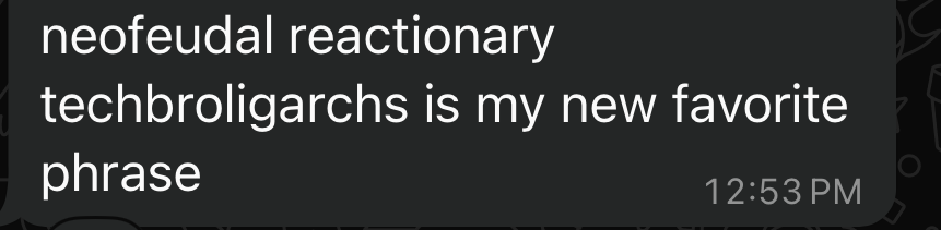 The image shows a text message displayed on a dark background with white text. The message reads: "neofeudal reactionary techbroligarchs is my new favorite phrase."