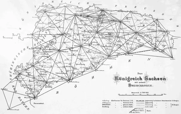 The image appears to be a historical map of the Kingdom of Saxony, featuring a network diagram. It likely represents a transportation or communication network, showcasing connections between various locations within the kingdom. The map is labeled in German and uses a geometric design to illustrate the connections, possibly indicating routes or pathways. The map also includes a scale and some geographical reference points.

Image Credits: Wikimedia / Autor/-in unbekanntUnknown author / Public domain