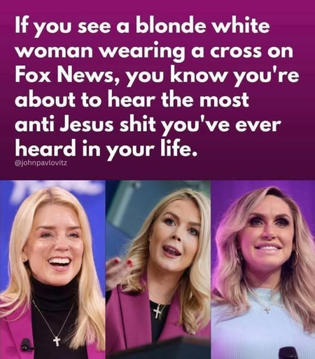 If you see a blonde white
woman wearing a cross on
Fox News, you know you're
about to hear the most
anti Jesus shit you've ever
heard in your life.

@johnpavlovitz