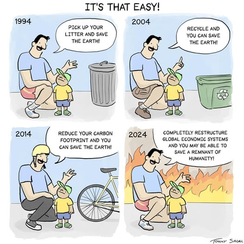 1994 - Pick up your litter and save the earth!
2004 - Recycle and you can save the earth!
2014 - Reduce your carbon footprint and you can save the earth!
2024 - Completely restructure global economic systems and you may be able to save a remnant of humanity!