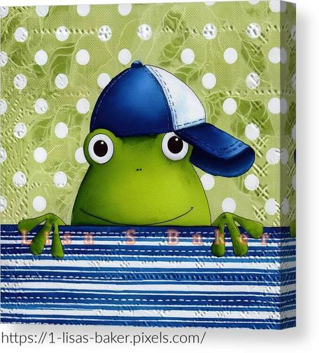 An art print of a cute green frog wearing a blue and white baseball cap peeking over a blue and white striped counter. The background is light green with white polka dots. Art by Lisa S Baker. 