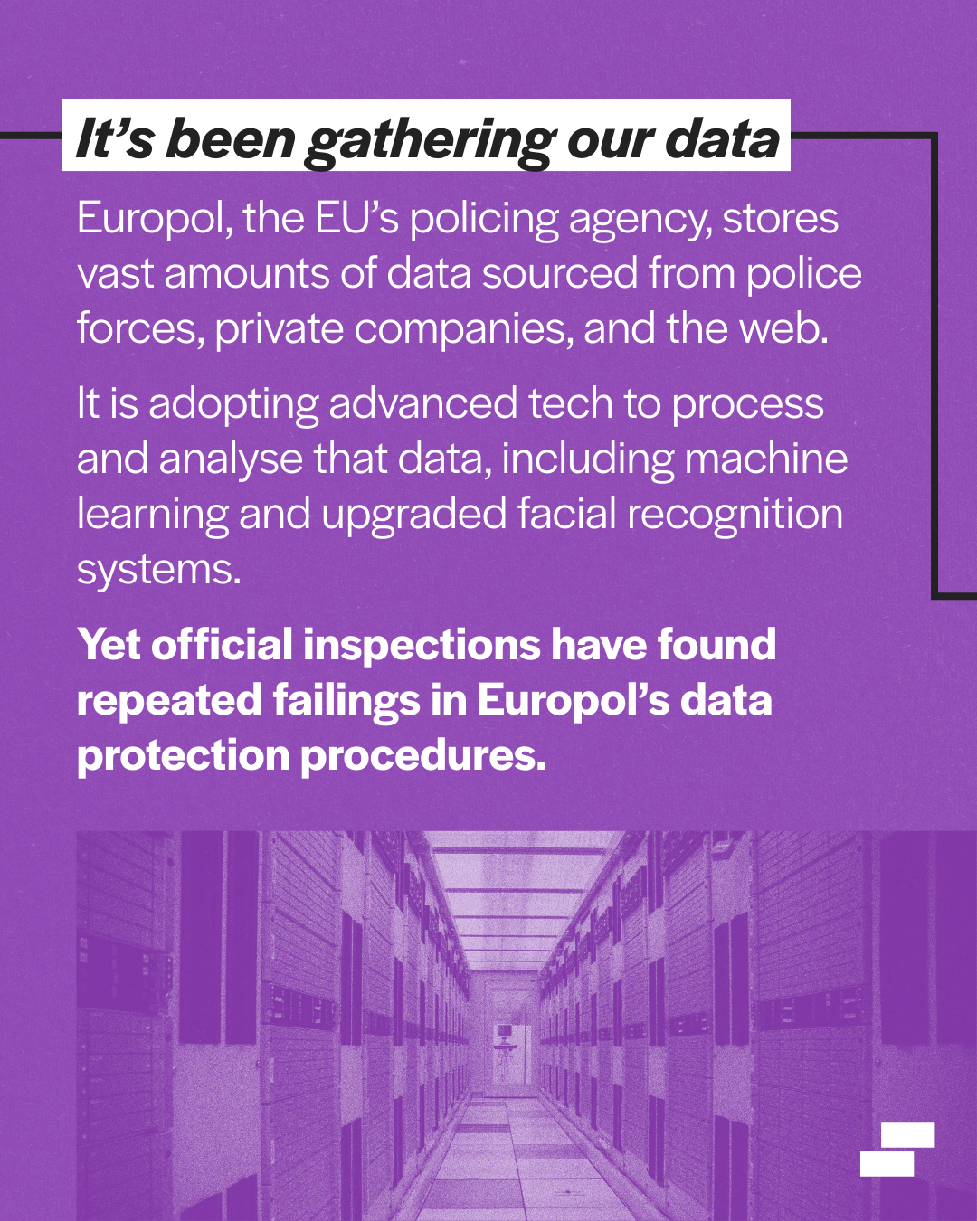 White text on a puple textured background above an image of a hallway in a data storage facility. The text says