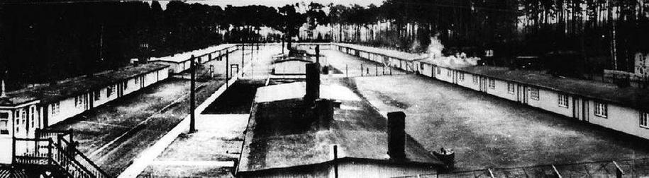 An overview of the Suffhoc concentration camp. Three lines of barracks surrounded by threes.