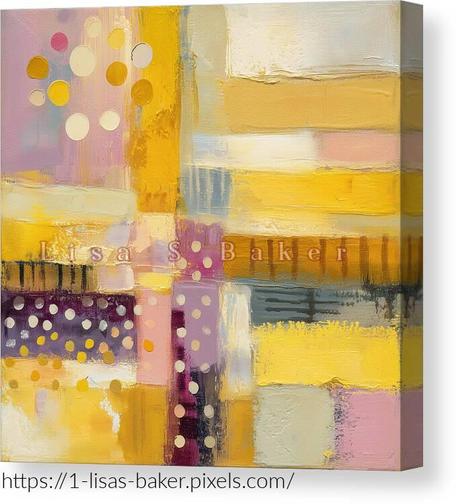 Mood for Yellow and Pink explores the joyful tension between bold color and soft structure. Warm golden tones and gentle blush hues play across geometric shapes and dotted textures, creating a composition that feels both spontaneous and balanced. Radiating cheerful energy with a modern twist, this piece adds a pop of personality without overwhelming a space. Art by Lisa S Baker. 