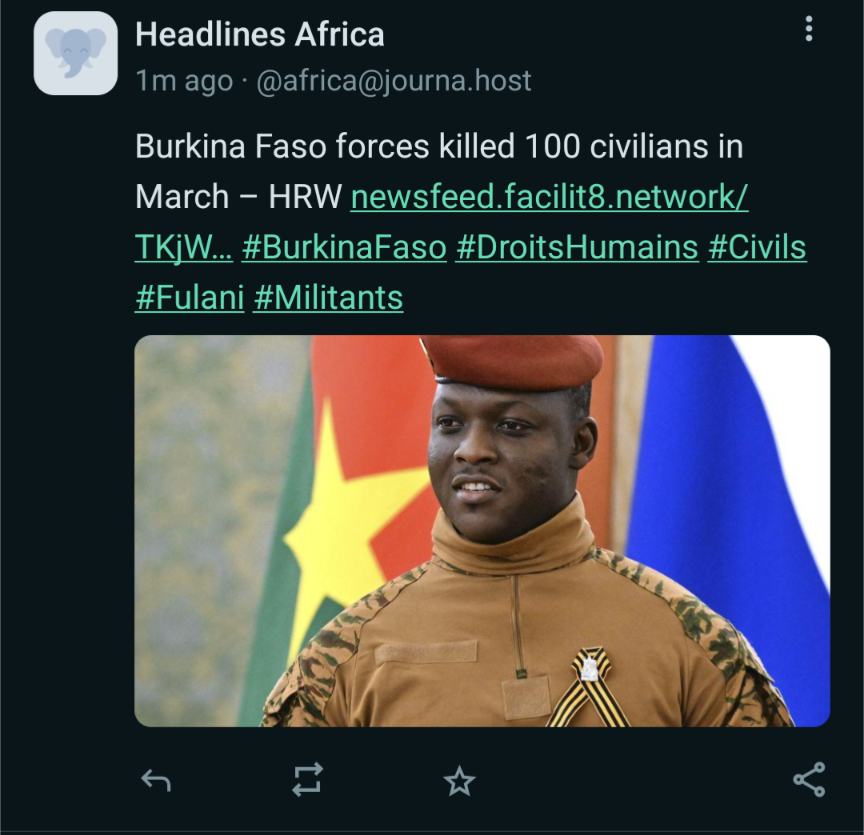 Headline: Burkina Faso forces killed 100 civilians in Match.
Accompanied by a photo of Ibrahim Traoré, the handsome military ruler of the country.