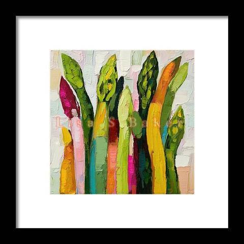 Asparagus Delight bursts with energy and color, reimagining a simple vegetable with bold artistic flair. Thick, expressive brushstrokes bring this vibrant bundle of asparagus spears to life, blending shades of green, yellow, pink, and magenta in a lively, abstract arrangement. The spears stand upright like a chorus of color, each one uniquely textured to celebrate nature’s form through a modern, painterly lens. Art by Lisa S Baker