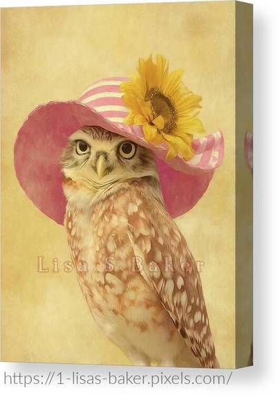 An art print of a owl wearing a pink and white stripped sun hat with a giant yellow sunflower. Art by Lisa S Baker. 
