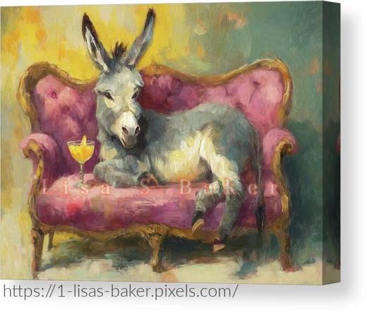 An art print of a donkey lounging on a couch with a cocktail. Art by Lisa S Baker. 