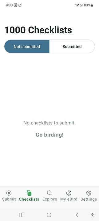 A cellphone screenshot from the eBird app. The text reads: 1000 Checklists. 