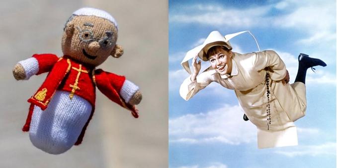 The knitted Leo XIV doll tossed to the pontiff.
Sally Field as the Flying Nun, aloft.