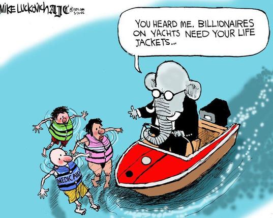 Three individuals treading water wearing life jackets with one that reads "medicaid" and are approached by a fat elephant wearing a suit and glasses driving a motorboat.  The elephant has his hand out and says, "You heard me.  Billionaires on yachts need your life jackets..."