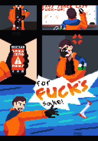 My for fuck's sake comic.

Panel 1: Marker's lid is removed
Panel 2: a notch is about to be added to a white board that has been constantly erased
Panel 3: a breaking news alert happens
Panel 4: I get pissed off
Panel 5: I throw the marker, shouting "For FUCK'S sake!"