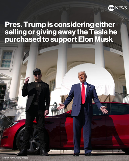 #Trump is considering either giving away or selling the red #Tesla he purchased to support Elon #Musk, a senior administration official told ABC News. 