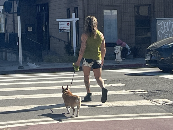 A shaggy-haired man in a green tank top and two fully tattooed arms. He's walking a dog 