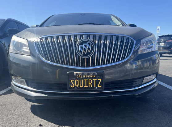 The front end of a A Buick LaCrosse with the license plate SQUIRTZ 
