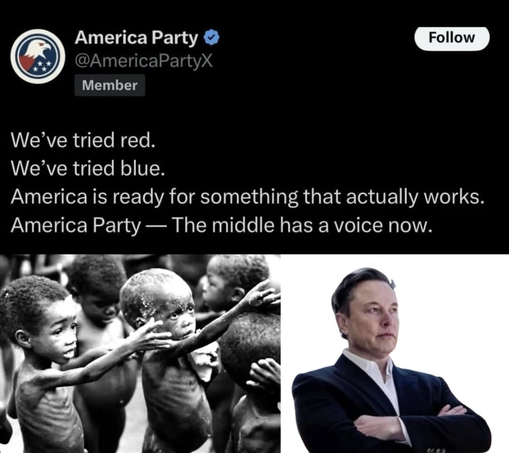 Elon Musk's "America Party" post with his decisive, visionary photo accompanied by a couple of badly starving African kids each with an arm raised in supplication