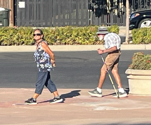 Two older people walking, a woman and a man. She is dressed in a floral blouse and blue pedal pushers. He, two paces behind, wears a short-sleeved shirt, brown shorts, and a wide-brimmed hat and is using a hiking stick. He also has an outdoorsy white beard and is hunched forward.