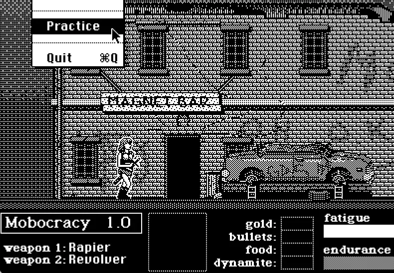 Monochrome screenshot of Mobocracy, showing the female lead character outside a bar called "Magnet Bar" and with a car on stilts outside. There is a small panel at the bottom with weapons area and then items such as gold and bullets. There is a Fatigue and Endurance set of bars in the bottom right corner. Monochrome screenshot of Mobocracy, showing the female lead character outside a bar called "Magnet Bar" and with a car on stilts outside. There is a small panel at the bottom with weapons area and then items such as gold and bullets. There is a Fatigue and Endurance set of bars in the bottom right corner.