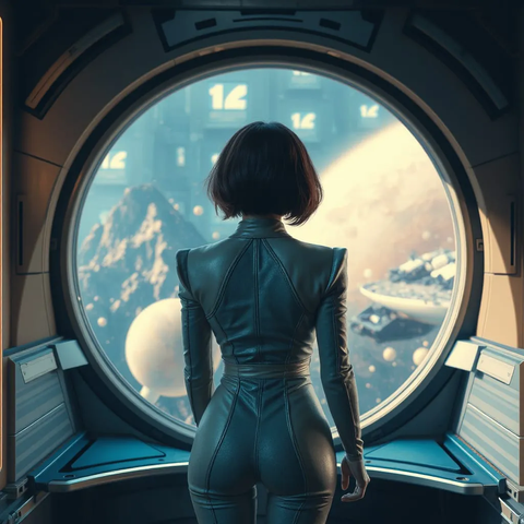 female in futuristic suite stands at panoramic round window, bobcut hair, rear view, spacestation