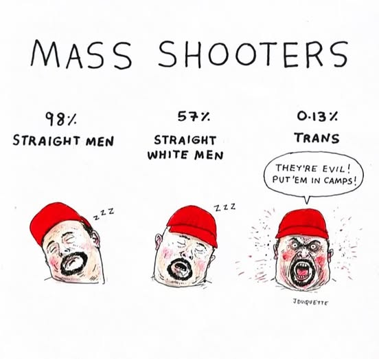 MASS SHOOTERS
98% Straight Men {Red Hat wearing heavy-set white dude snoozing ZZZZ}
57% Straight White Men {Red Hat wearing heavy-set white dude snoozing ZZZZ}
0.13% Trans {Red Hat wearing heavy-set white dude, "They're EVIL!! Put'em in camps!"}