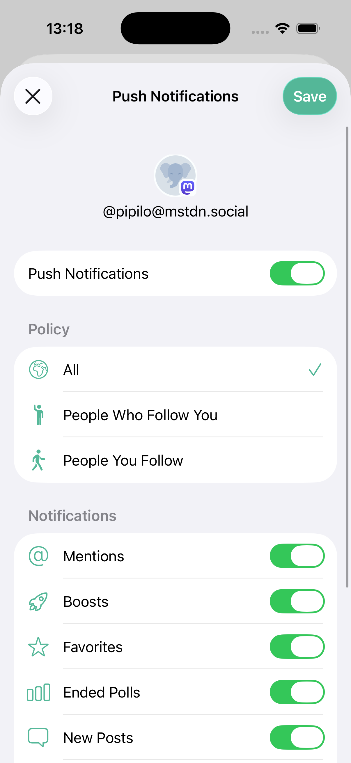 Screenshot of push notification settings screen with new design.