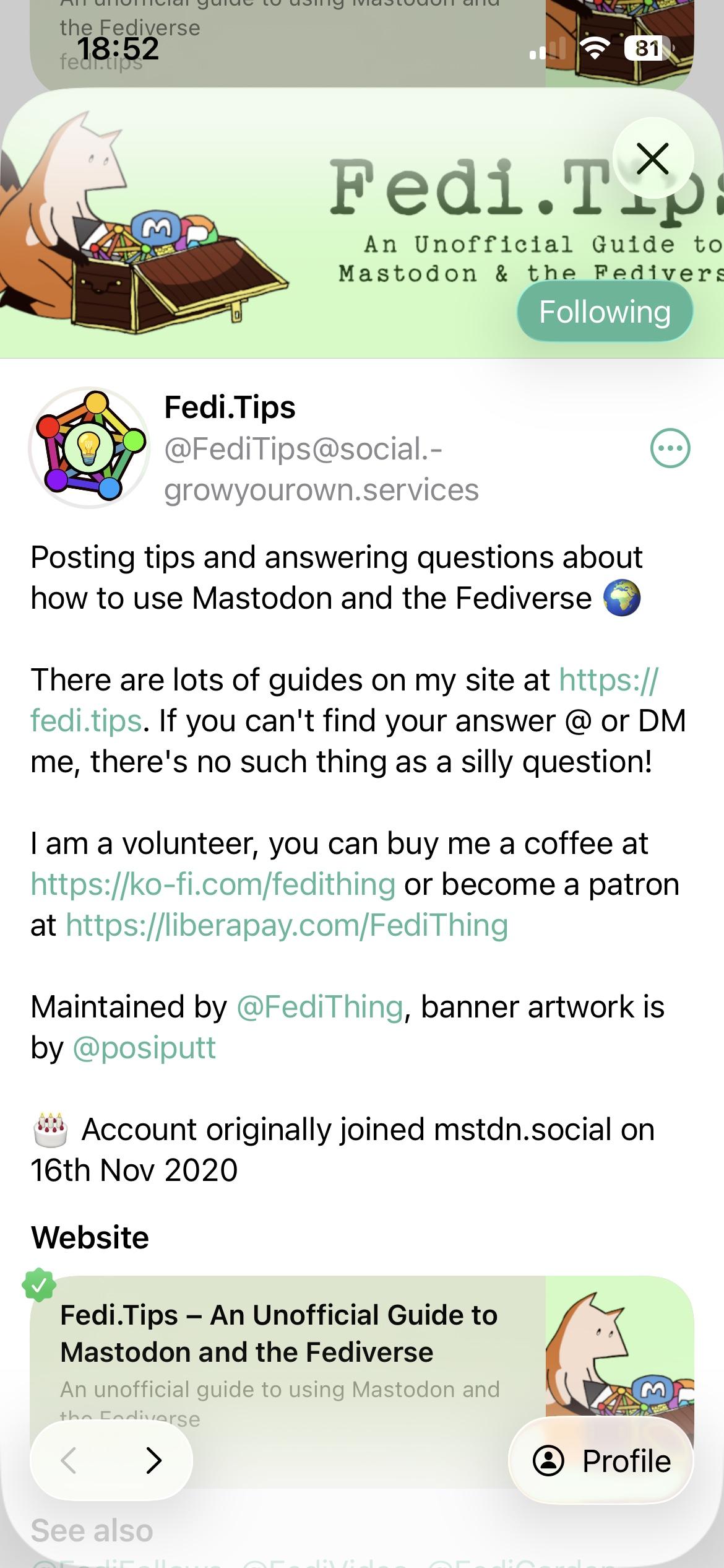 Screenshot of user profile with Liquid Glass design in light mode.