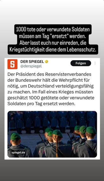Ein screenshot. Von einem post des spiegels. Der sagt, dass geschätzt 1000 soldaten pro tag im kriegsfall für deutschland ersetzt werden müssten.