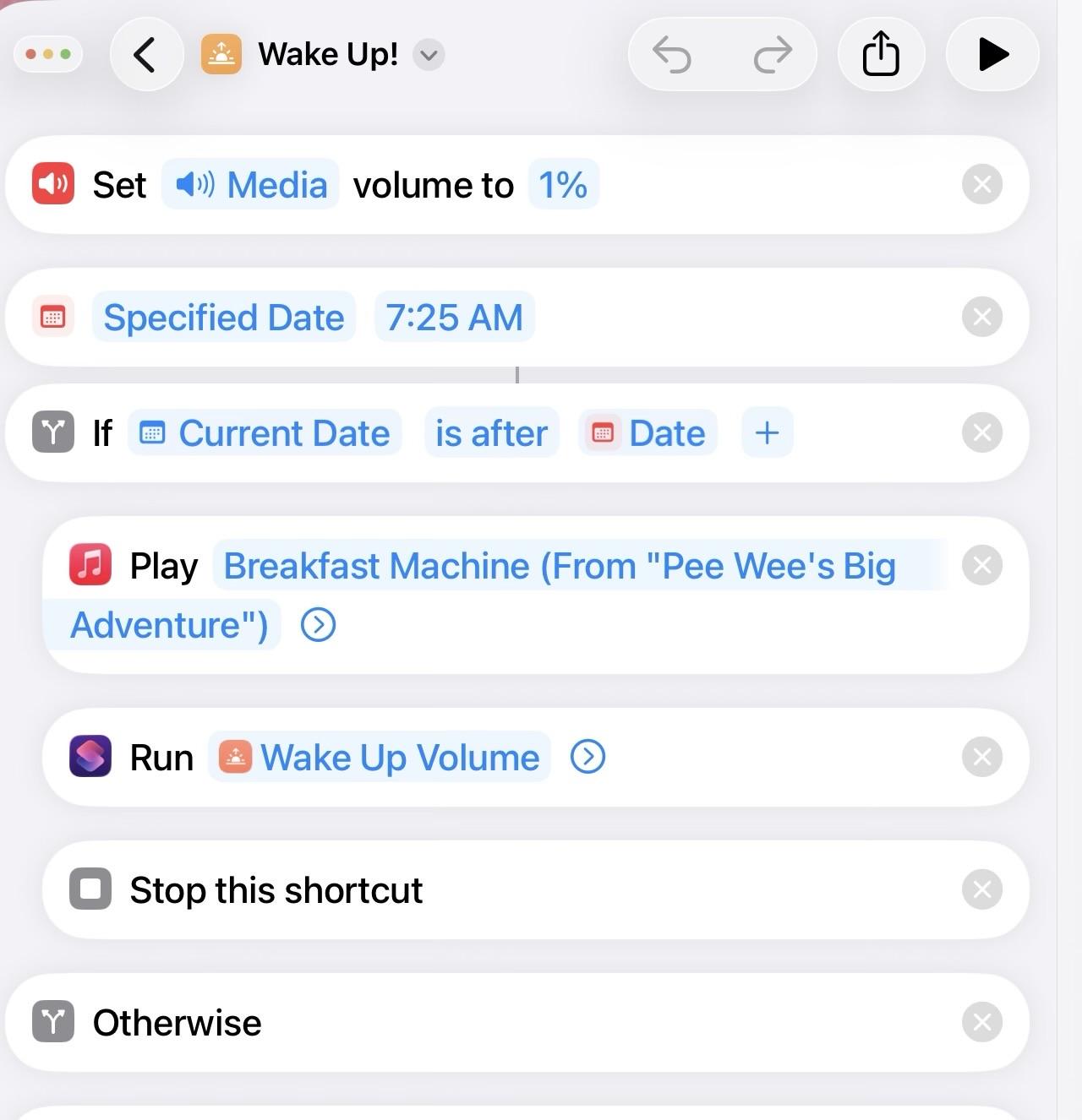 The image displays a mobile app interface showing a "Wake Up!" shortcut. It includes settings to set media volume to 1%, specifies a wake-up time of 7:25 AM, plays "Breakfast Machine" from "Pee Wee's Big Adventure”.