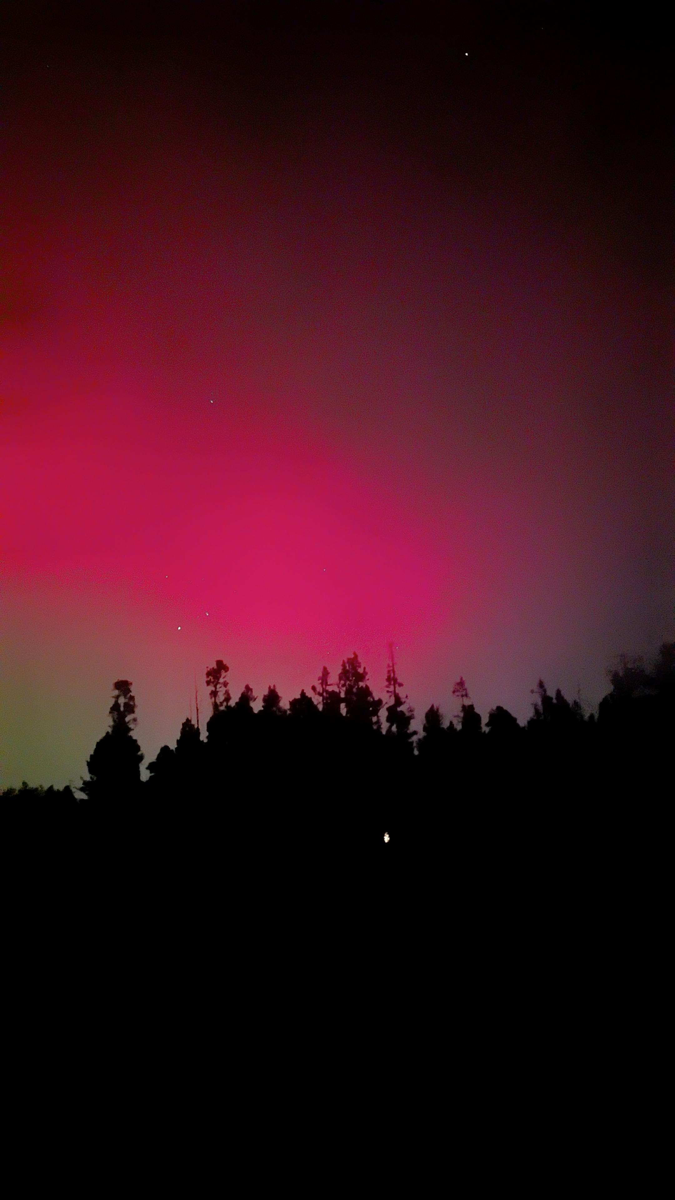 Red and green hues from the Aurora Borealis color the sky above West Yellowstone Montana.
