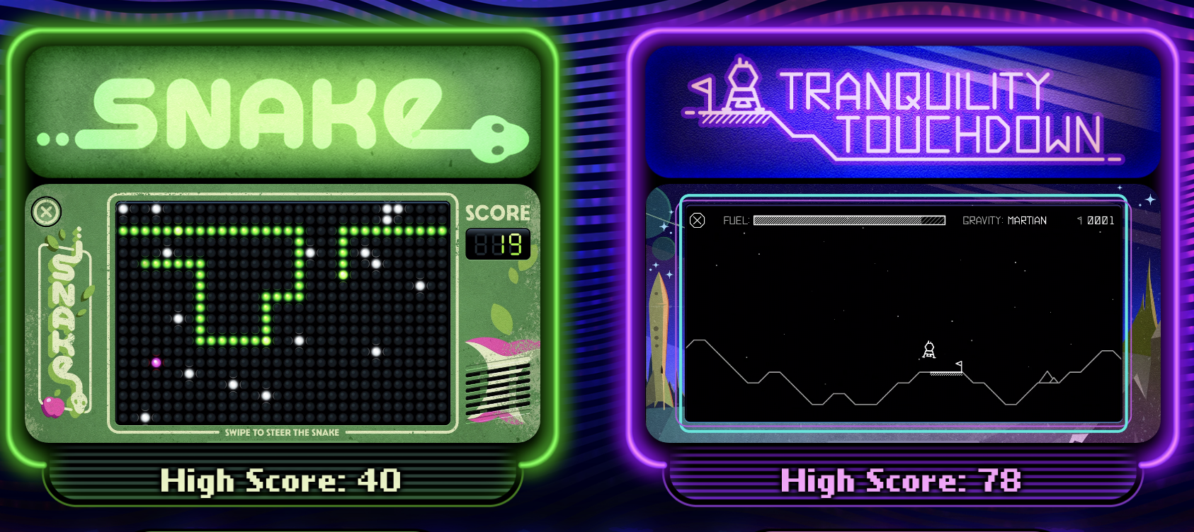 Screen shot showing Snake high score of 40 and Tranquility touchdown high score of 78