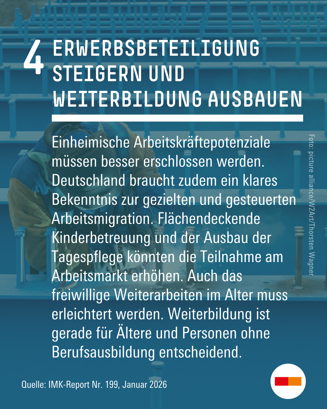 4. Erwerbsbeteiligung steigern und Weiterbildung ausbauen
Einheimische Arbeitskräftepotenziale müssen besser erschlossen werden. Deutschland braucht zudem ein klares Bekenntnis zur gezielten und gesteuerten Arbeitsmigration. Flächendeckende Kinderbetreuung und der Ausbau der Tagespflege könnten die Teilnahme am Arbeitsmarkt ebenfalls erhöhen. Auch das freiwillige Weiterarbeiten im Alter muss erleichtert werden. Weiterbildung ist gerade für Ältere und Personen ohne Berufsausbildung entscheidend.