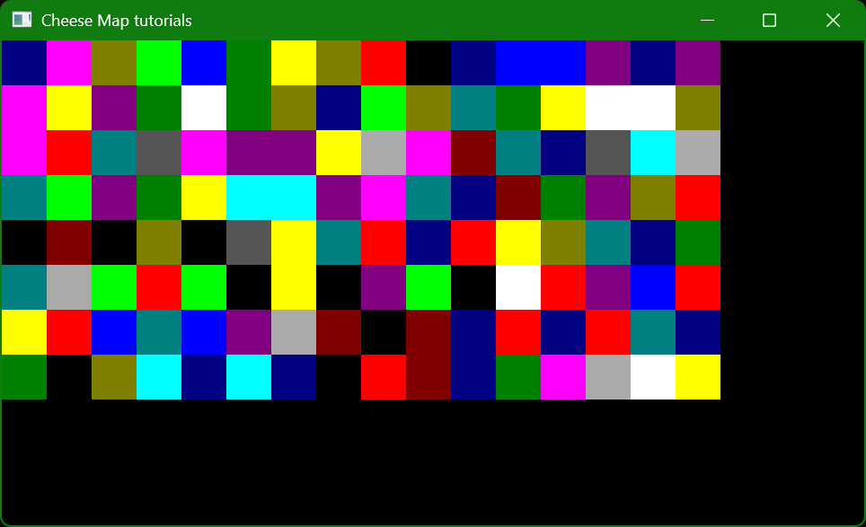 An image of a tile map drawn using Cheese Map with a map that is filled with random colours.