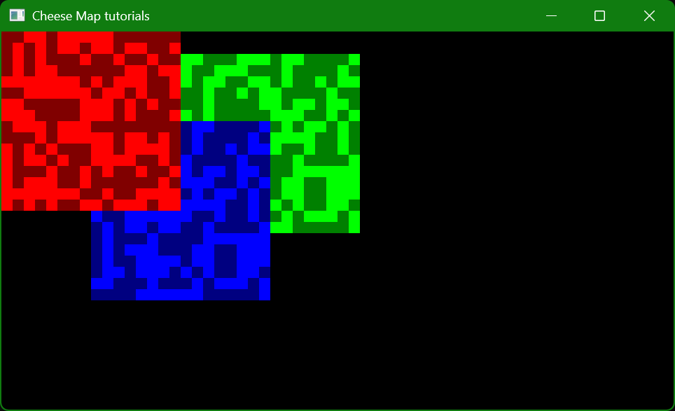 An image of 3 overlapping tile maps drawn using Cheese Map with a maps of different colours.