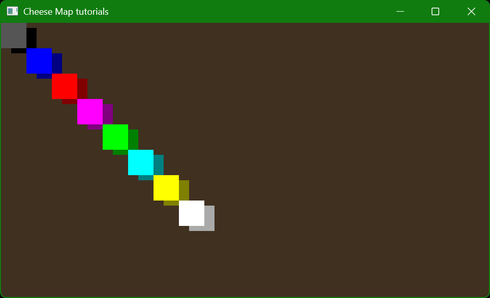 An image of a map of free tiles drawn using Cheese Map with maps that look like a diagonal arrangement of coloured squared with darker versions behind them.