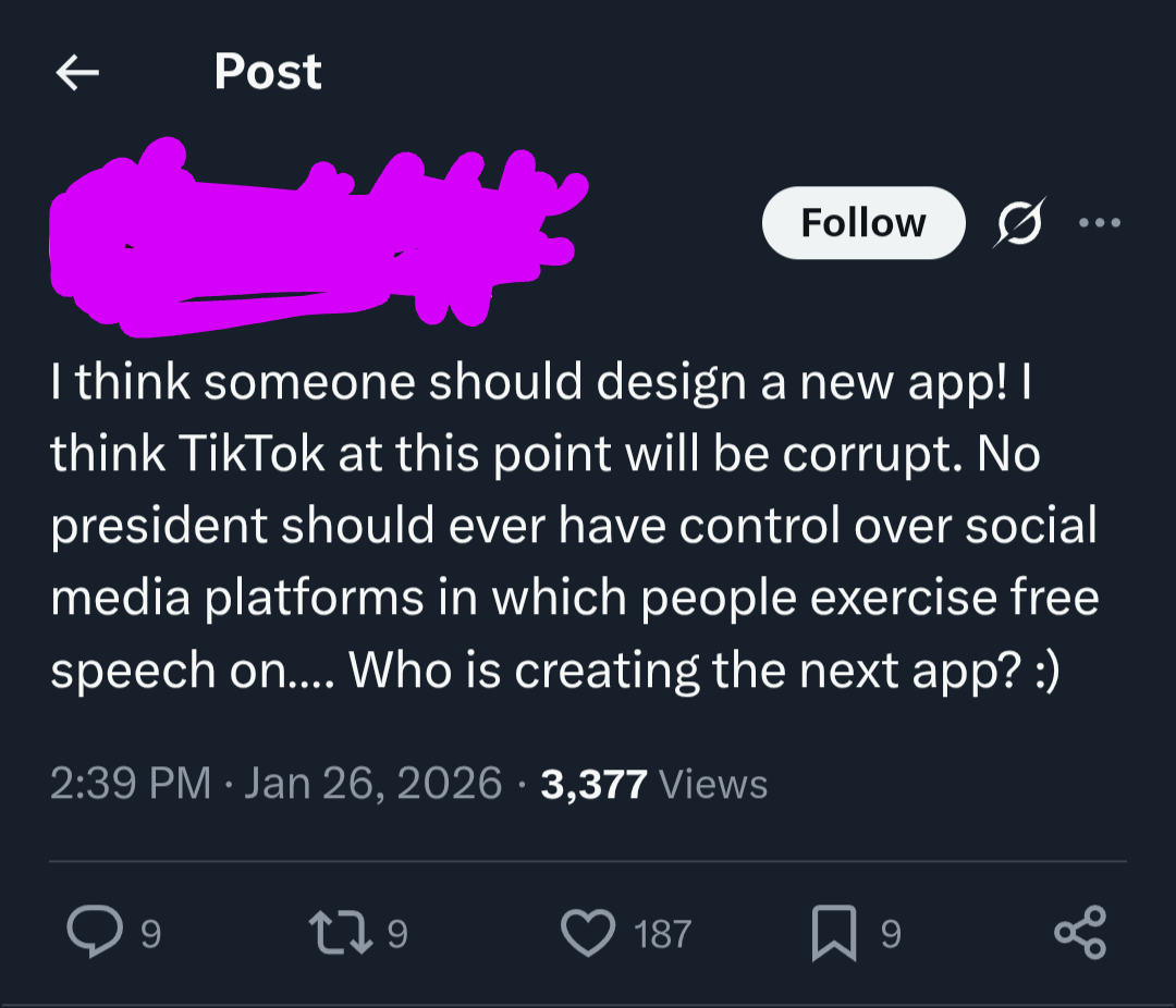 Screenshot of Twitter post: I think someone should design a new app! I think TikTok at this point will be corrupt... Who is creating the next app?