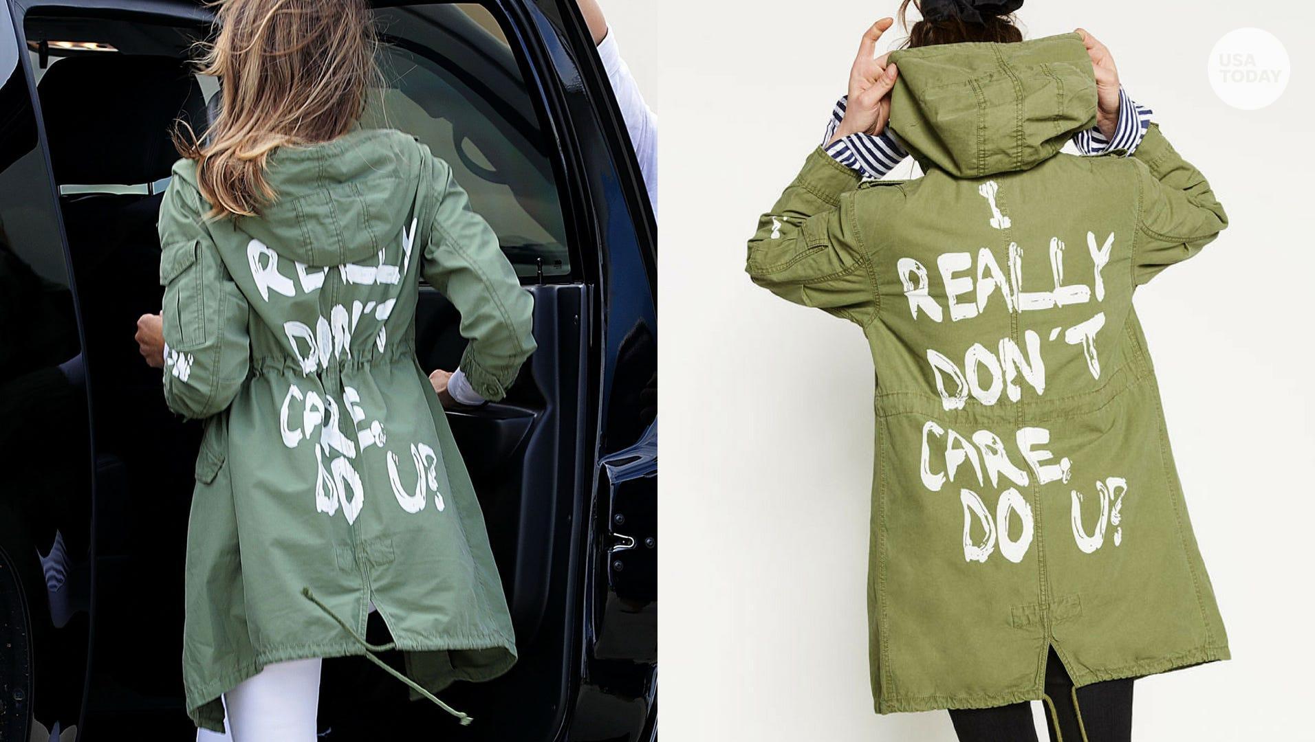 Melania Trump wearing a long green coat with ‘I really don’t care do U?’ written on the back. (2018)