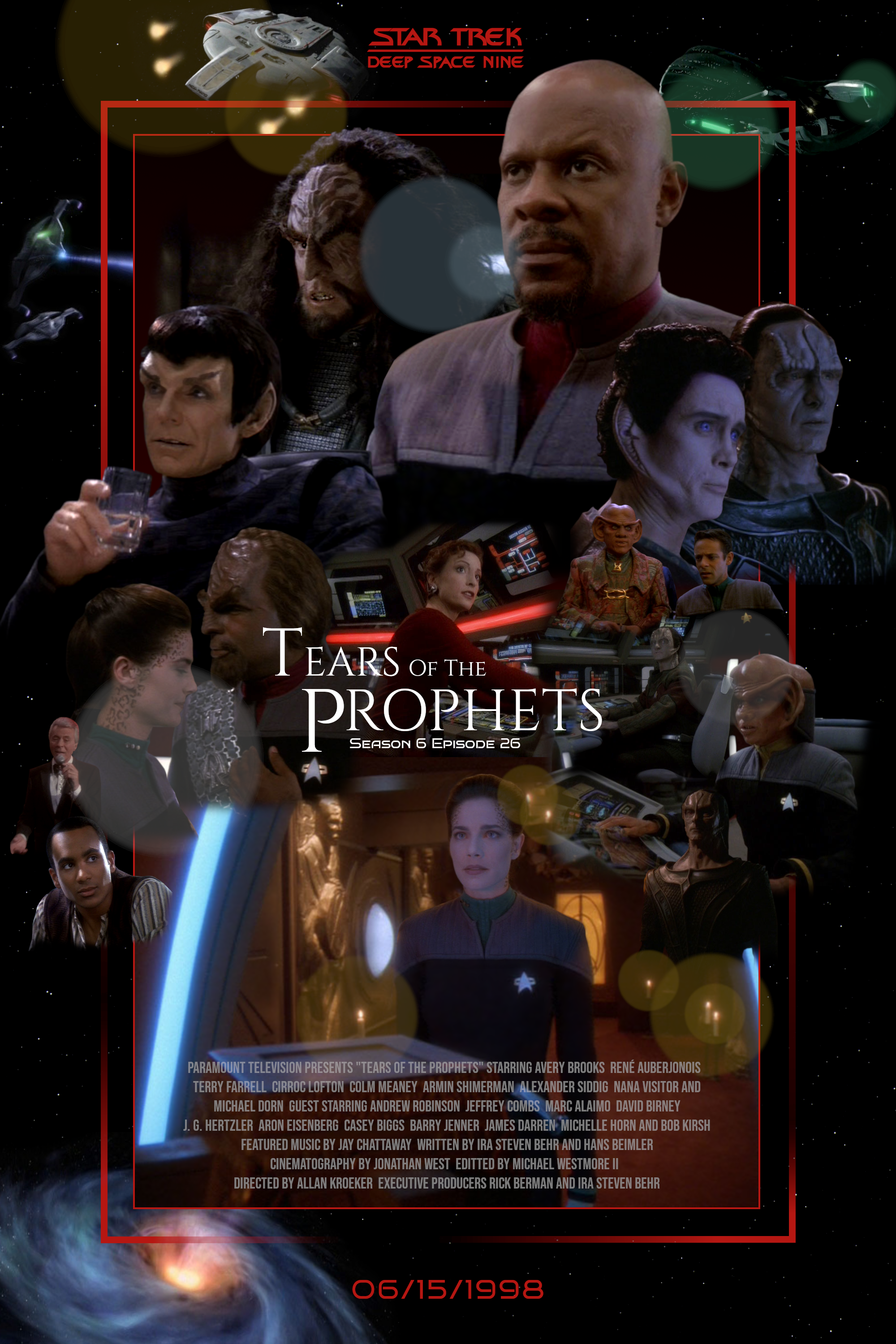 A poster for the Star Trek Deep Space Nine episode Tears of the Prophets, featuring everybody, plus Nog, Martok, a Romulan General, Gul Dukat, Weyoun, Garak, and Damar