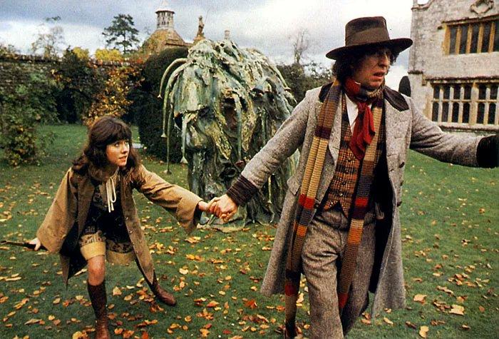 Tom Baker and Elisabeth Sladen as the 4th Doctor and Sarah Jane  fleeing from a Krynoid monster in a publicity still from the Doctor Who story  The Seeds of Doom