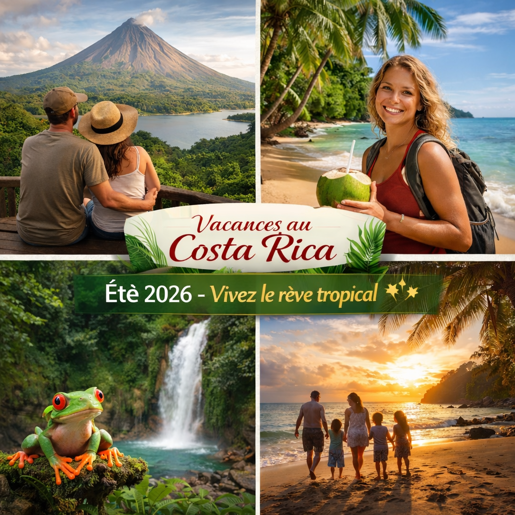 Voyage au Costa Rica en été : vue sur le volcan Arenal entouré de forêt tropicale luxuriante, plage de sable doré bordée de palmiers face à l’océan Pacifique, grenouille arboricole emblématique près d’une cascade, et famille marchant au coucher du soleil, illustrant un séjour responsable et sur mesure au Costa Rica.