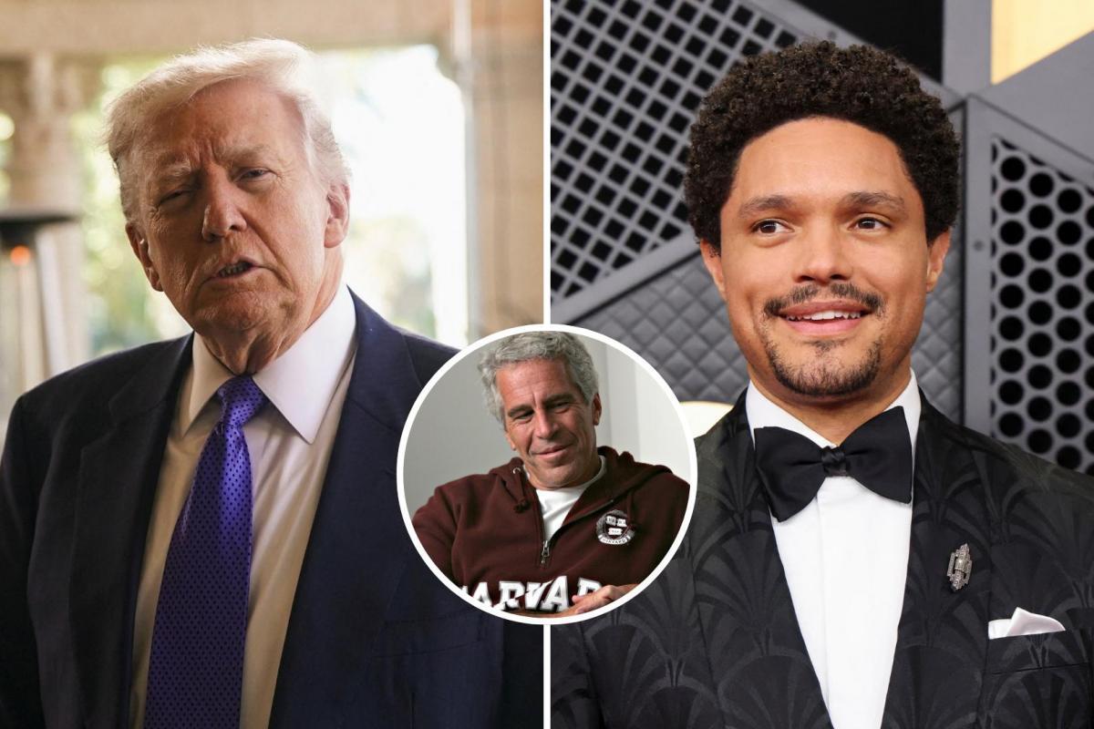 Combo de imágenes con el presidente de EEUU, Donald Trump; el presentador de los Grammy 2026, Trevor Noah; y el pedófilo Jeffrey Epstein, en un detalle. (Reuters | Getty Images)