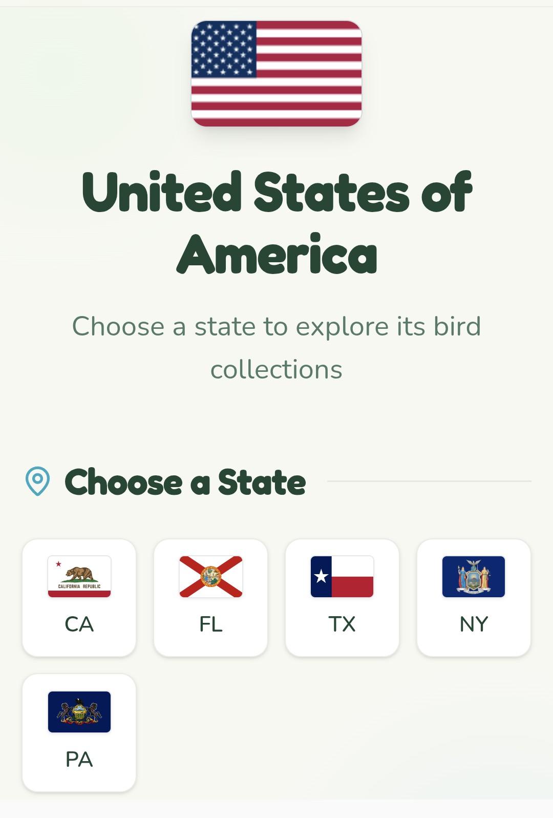Text below a USA flag:

United States of America

Choose a state to explore its bird collections

Choose a State

Flag + CA

Flag + FL

Flag + TX

Flag + NY

Flag + PA