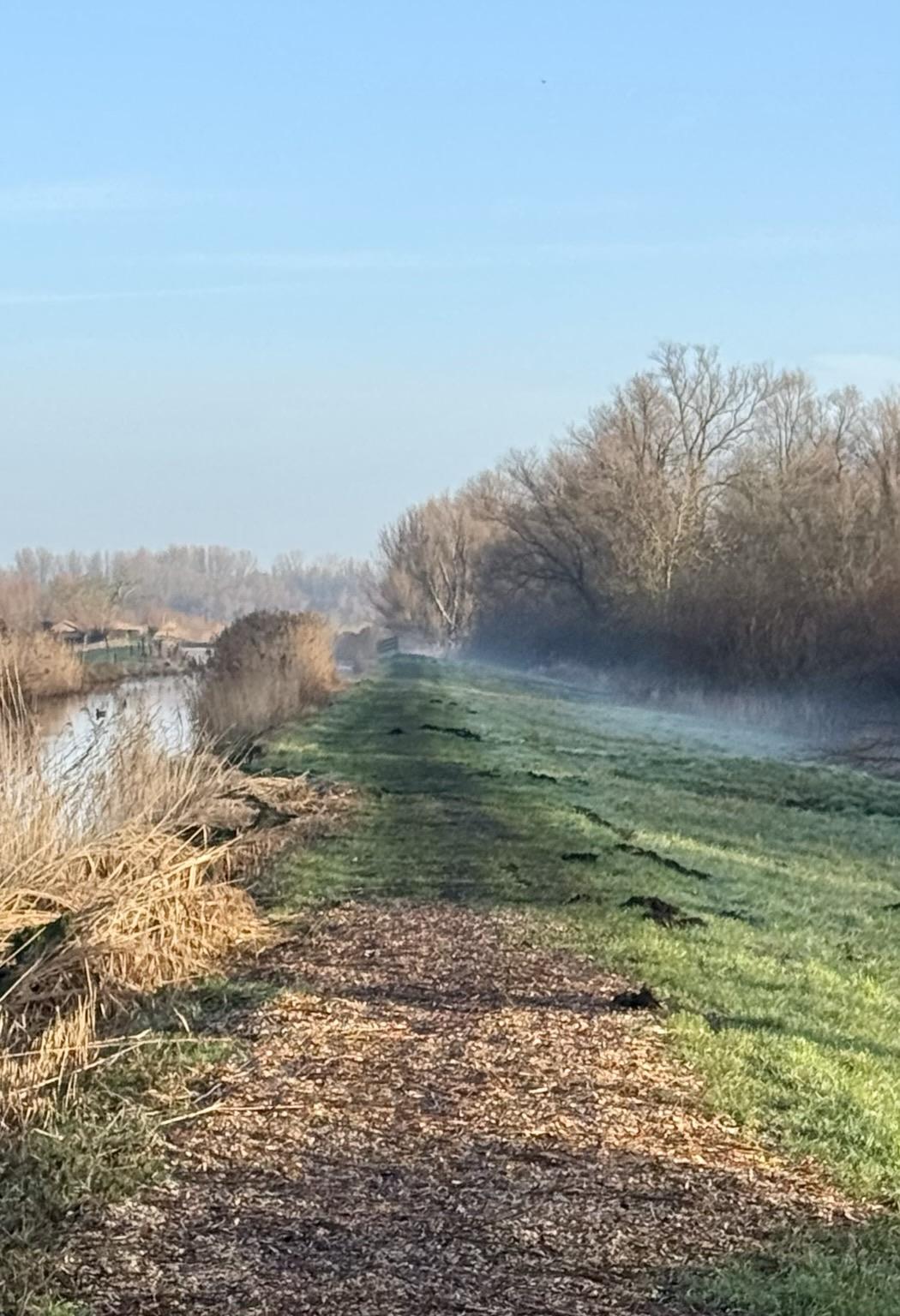 Een voetpad in het buitengebied van Zoetermeer , links van het voetpad een poldersloot , rechts groen gras en mistige flarden aan de grond, bomen omlijsten het pad aan weerszijden onder een heldere blauwe lucht. De scène brengt een vredige, rustige ochtend sfeer over ,foto van vorige week zaterdag.